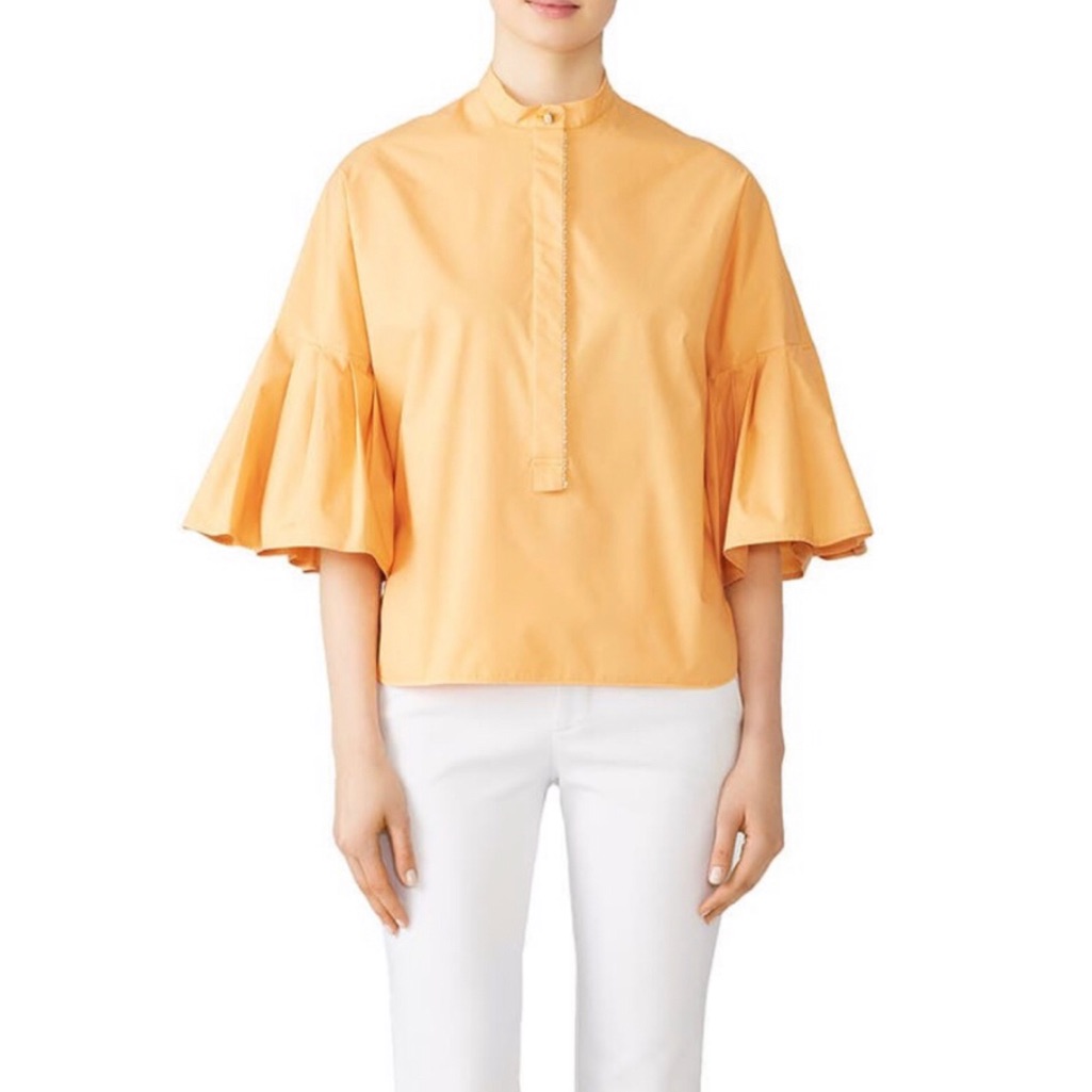 Genny Pleated Poplin Cotton Shirt Top Ruffle Sleeves Mock Neckline Size 2